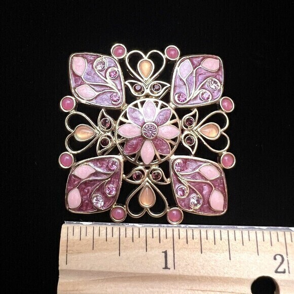Vintage Purple Enamel and Rhinestone Square Brooch 1.5" x 1.5" - Picture 3 of 10